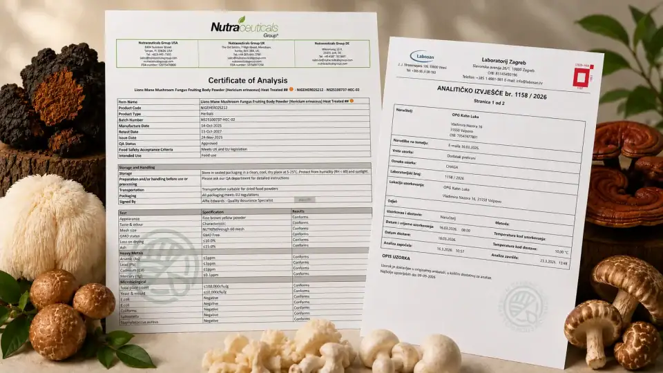 Analiza gljiva za sigurnost i kvalitet, laboratorijski izvještaji i certifikati.