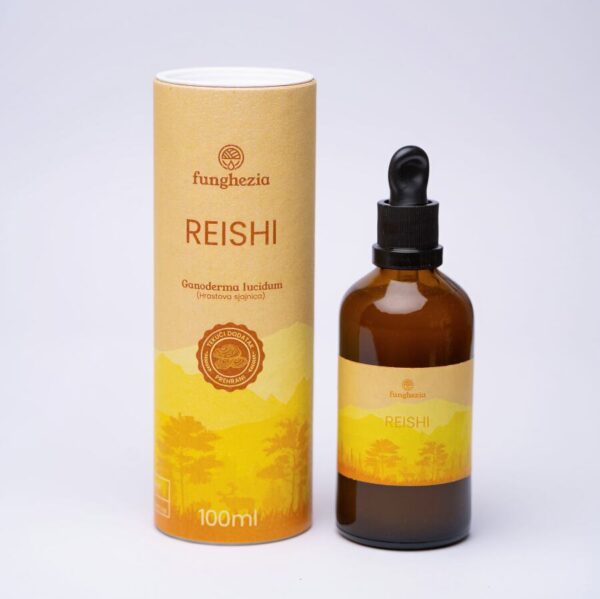 Suplement diety Reishi, 100 ml w butelce i opakowaniu.