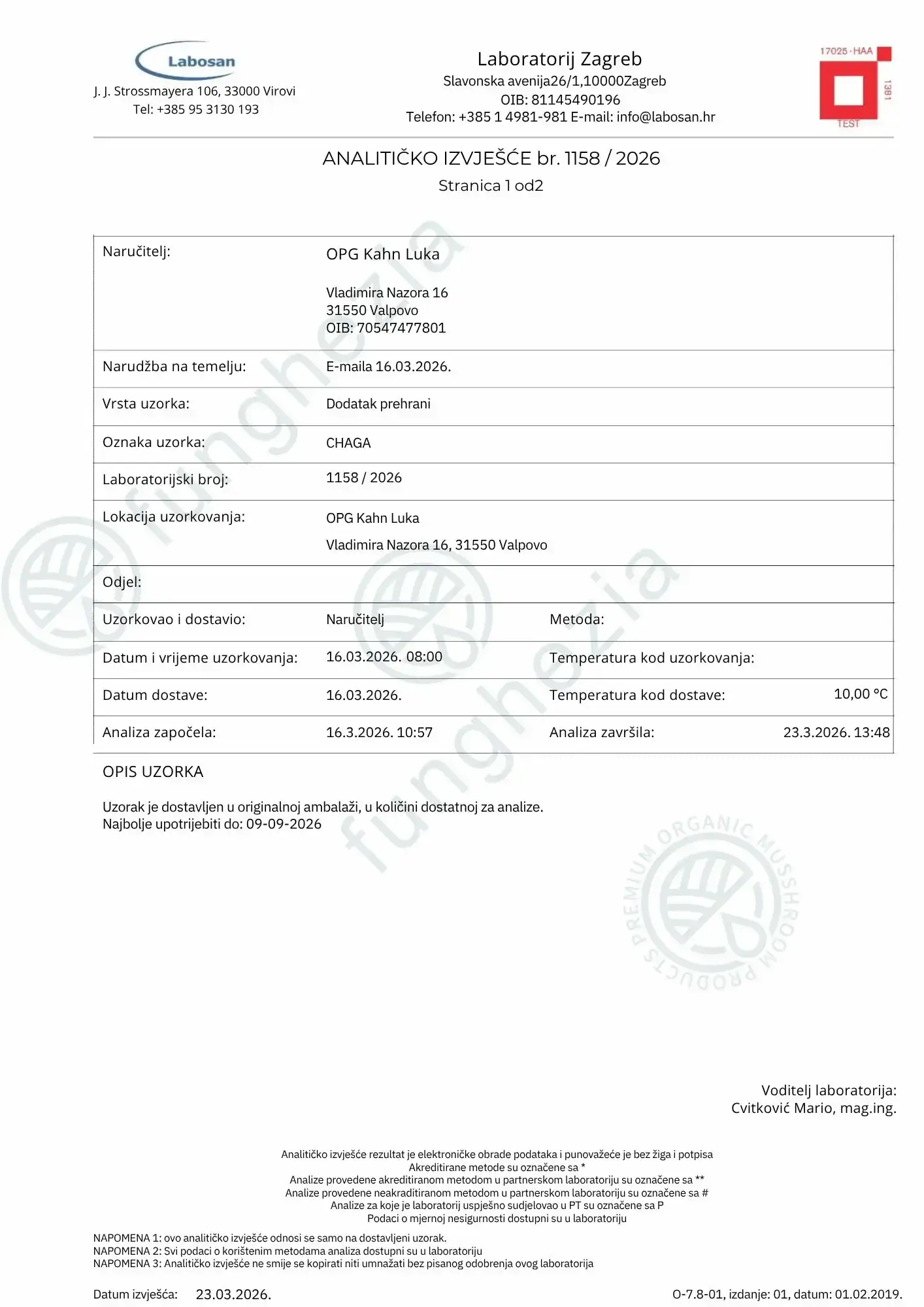 Detaljno izvješće o analizi gljivica za Funghezia, Zagreb, s podacima o uzorku i laboratorijskim rez.