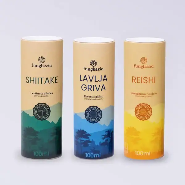 Tri različite čaje u limenkama: Shiitake, Lavlja i Reishi, prirodni biljni napici.