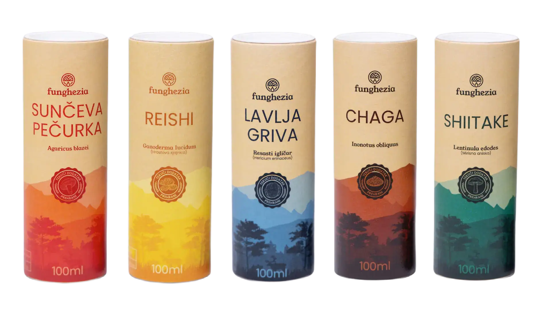 Sušene gljive za čajeve: Sunčeva pečurka, Reishi, Lavlja griva, Chaga i Shiitake u praktičnim pakira.