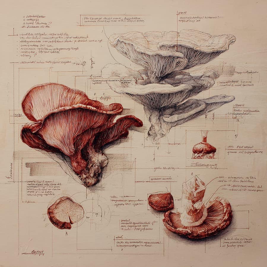 Anatomski crteži gljiva na papiru.