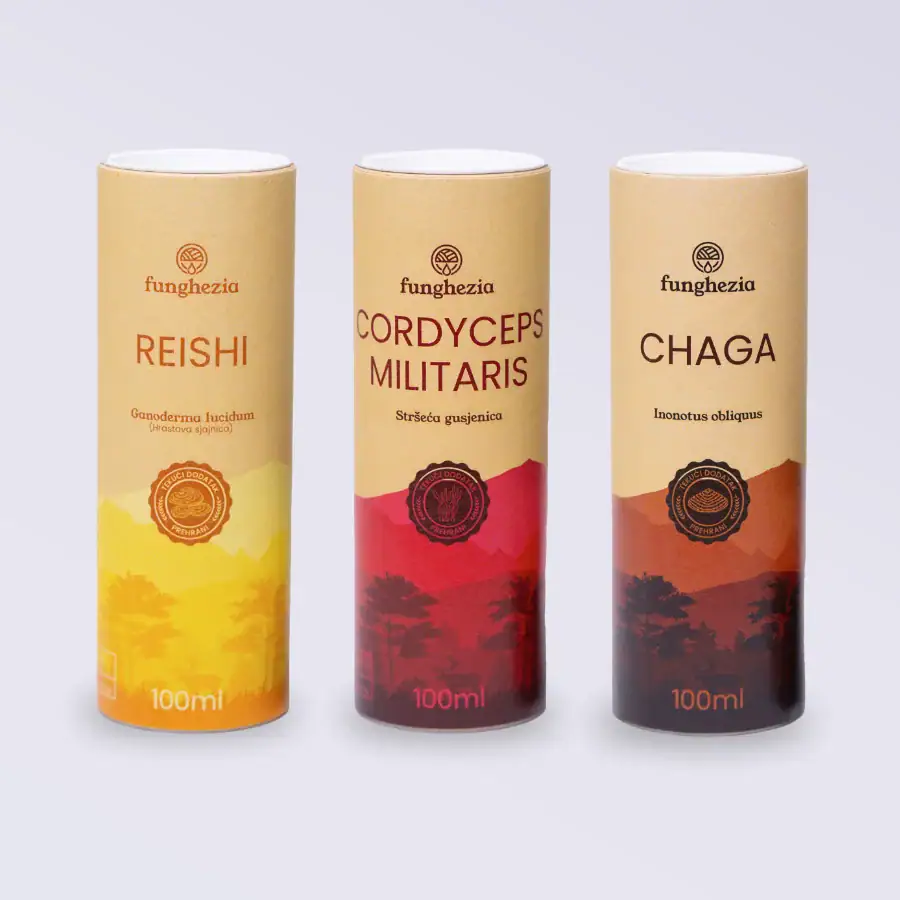 Kompaktne bočice s biljnim suplementima Reishi, Cordyceps i Chaga za prirodno jačanje imunološkog sustava.