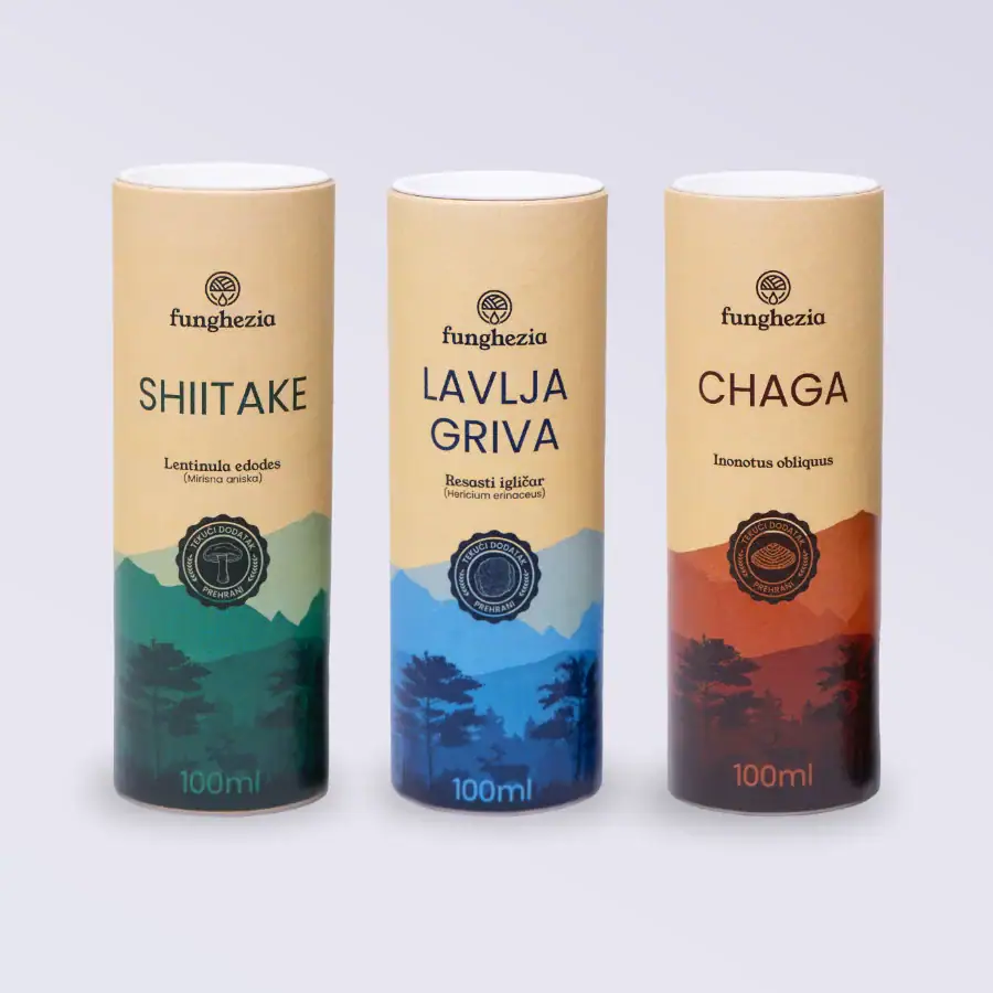 Prirodni suplementi od Shiitake, Lavlja i Chaga s biljnim ekstraktima i zaštitom prirode.